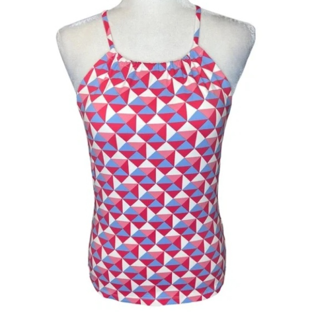 J. MCLAUGHLIN Maria Halter Top Picnic Caravan Geo Retro Coral Pink Blue White M